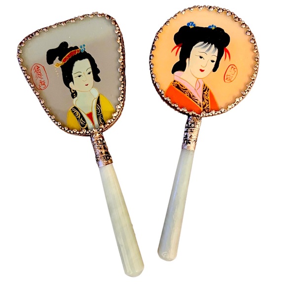 Vintage set of 2 Asian hand mirrors with jade handles - Picture 1 of 2